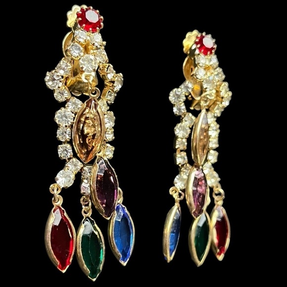 Multi Color Jewel-tone Chandelier Clip Earings - Picture 3 of 6